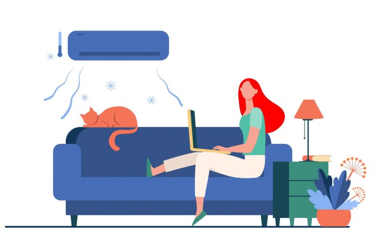 Illustration of woman sitting on sofa wiith cat under AC unit illustrates blog: "Air-Conditioning vs Air Conditioner: What Is the Difference?"