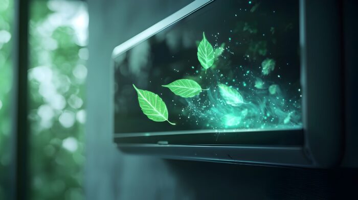 Futuristic Air Conditioner Emitting Glowing Leaf Particles for S