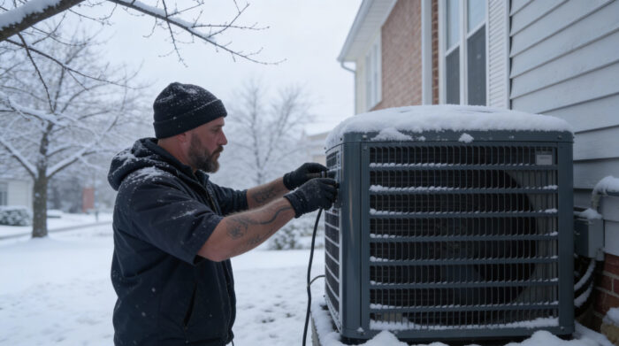 Technician preparing to winterize central AC San Antonio outdoor unit
