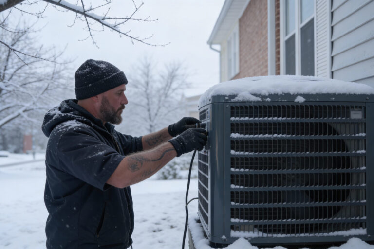 Technician preparing to winterize central AC San Antonio outdoor unit