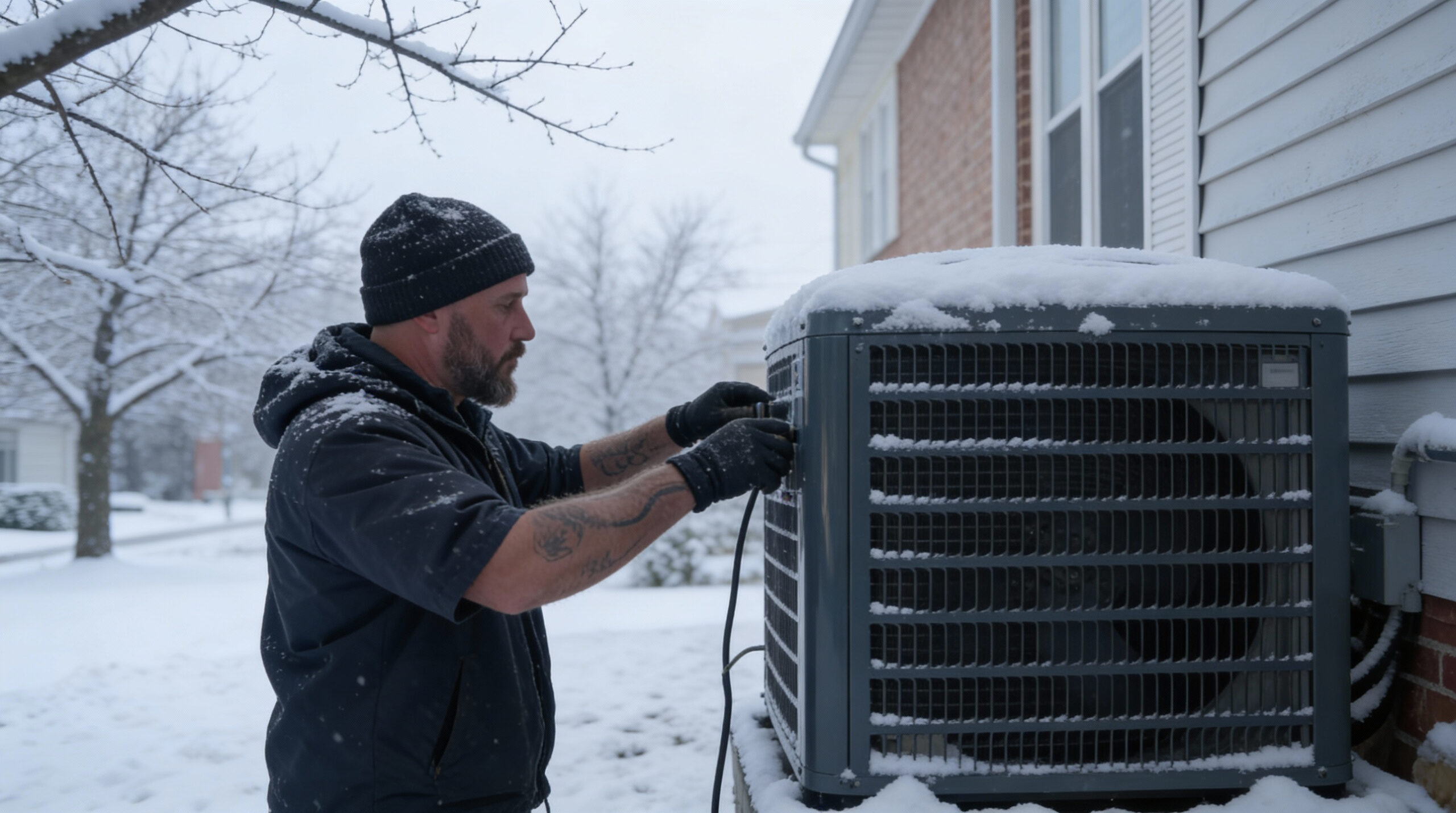 Technician preparing to winterize central AC San Antonio outdoor unit
