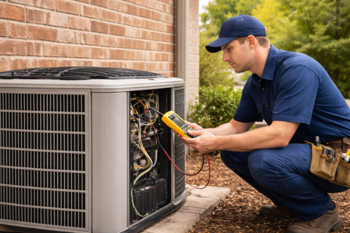 Central AC maintenance inspection preparing a home for spring cooling