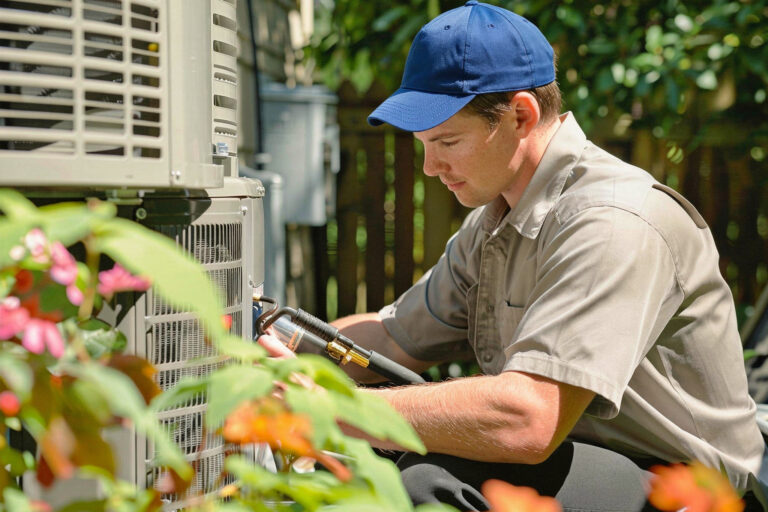 "homeowner performing spring AC maintenance on outdoor condenser unit"