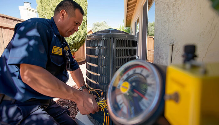 technician performing early AC maintenance on air conditioning unit