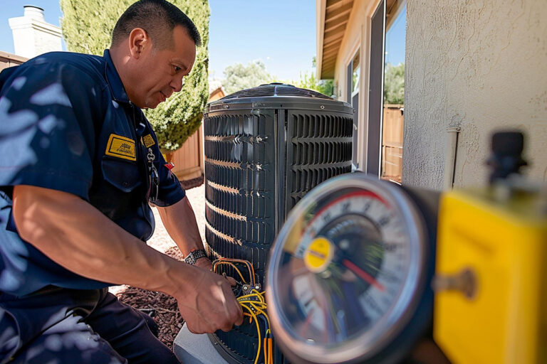 technician performing early AC maintenance on air conditioning unit