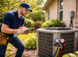 technician inspecting central AC unit for AC energy efficiency before summer