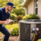 technician inspecting central AC unit for AC energy efficiency before summer