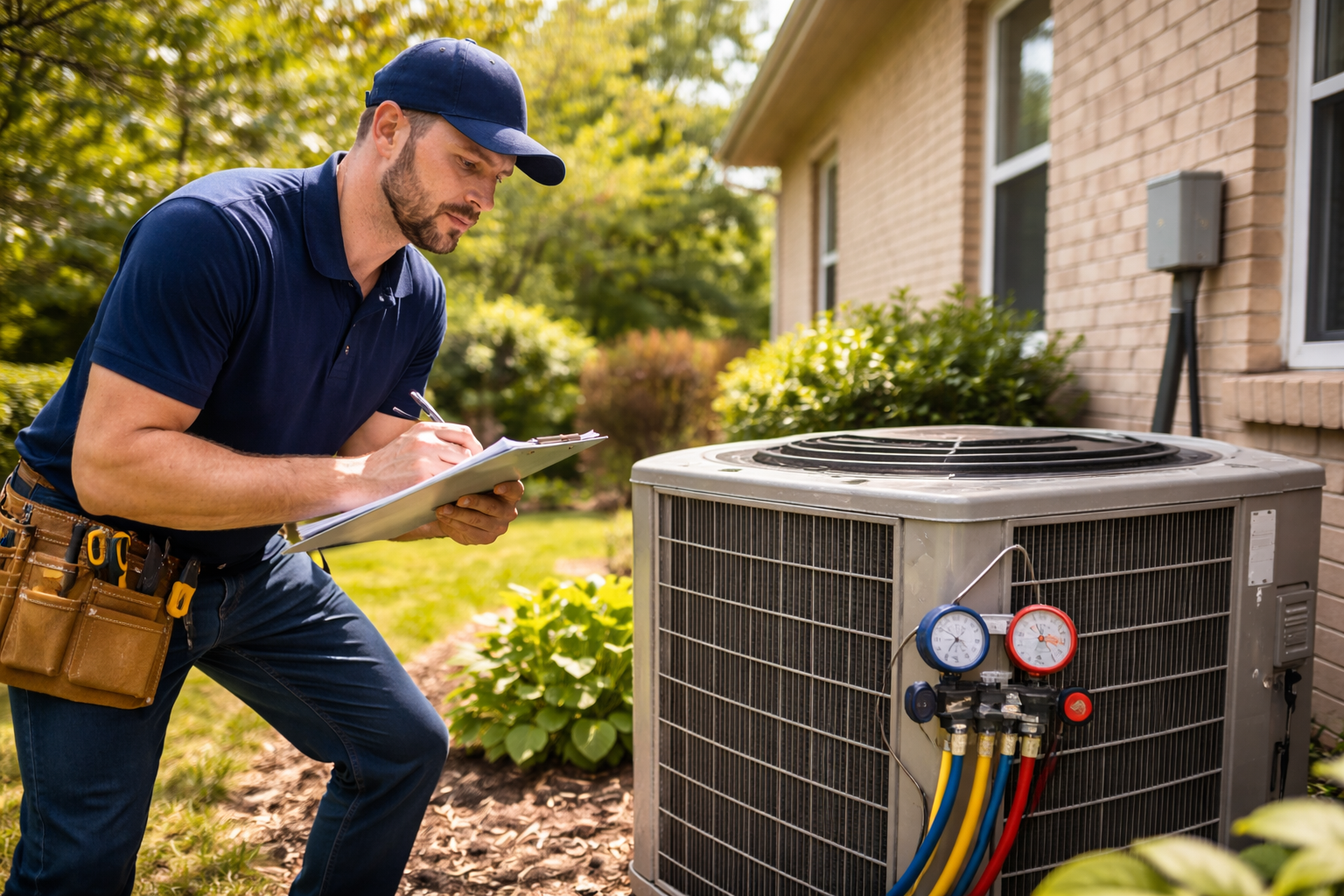 123214554 technician inspecting central AC unit for AC energy efficiency before summer