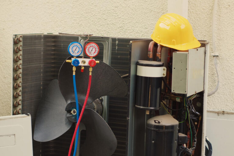 technician diagnosing post-winter AC problems on outdoor unit