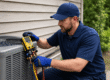 technician performing early AC maintenance on air conditioning unit