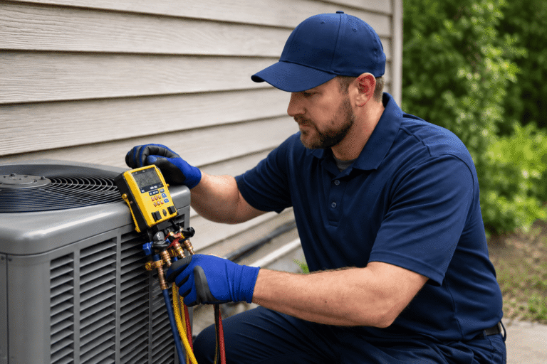 technician performing early AC maintenance on air conditioning unit
