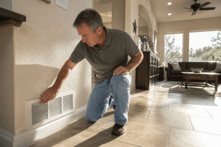 Homeowner noticing Texas summer AC warning signs indoors