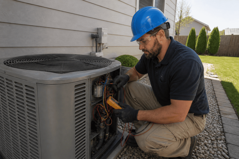 HVAC technician improving central AC efficiency before summer