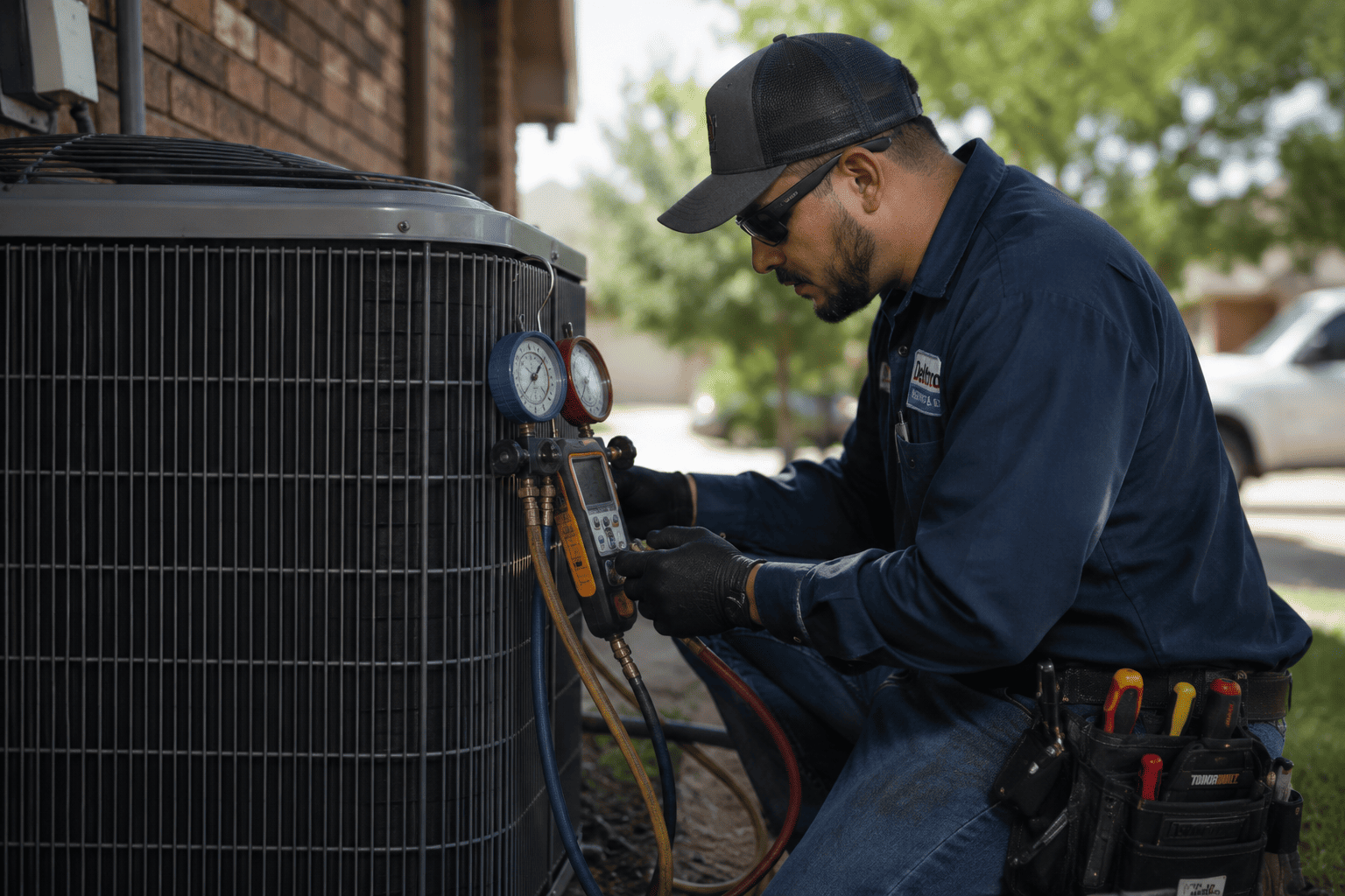 image-Technician-servicing-HVAC-in-suburban-setting emergency ac repair inspection at a San Antonio area home