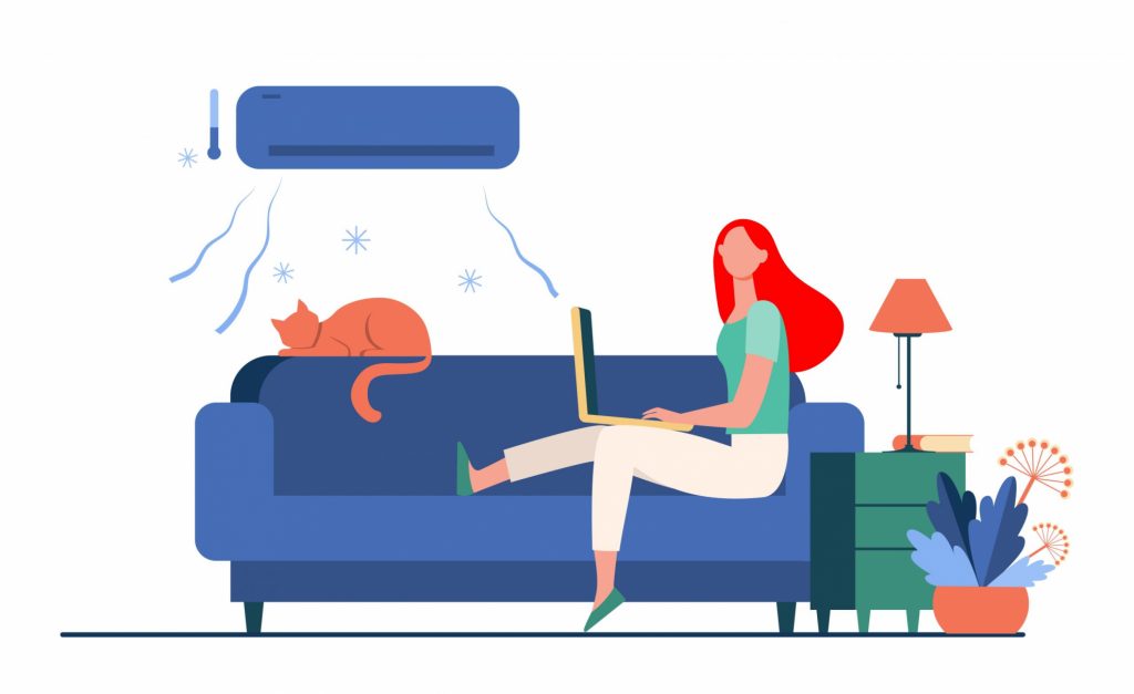 Illustration of woman sitting on sofa wiith cat under AC unit illustrates blog: "Air-Conditioning vs Air Conditioner: What Is the Difference?"